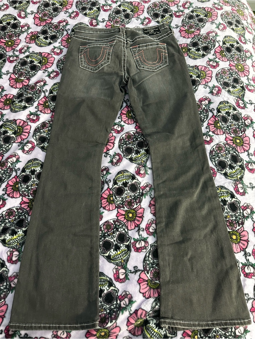 True Religion Olive Green Bootcut Jeans with Contrast Stitching